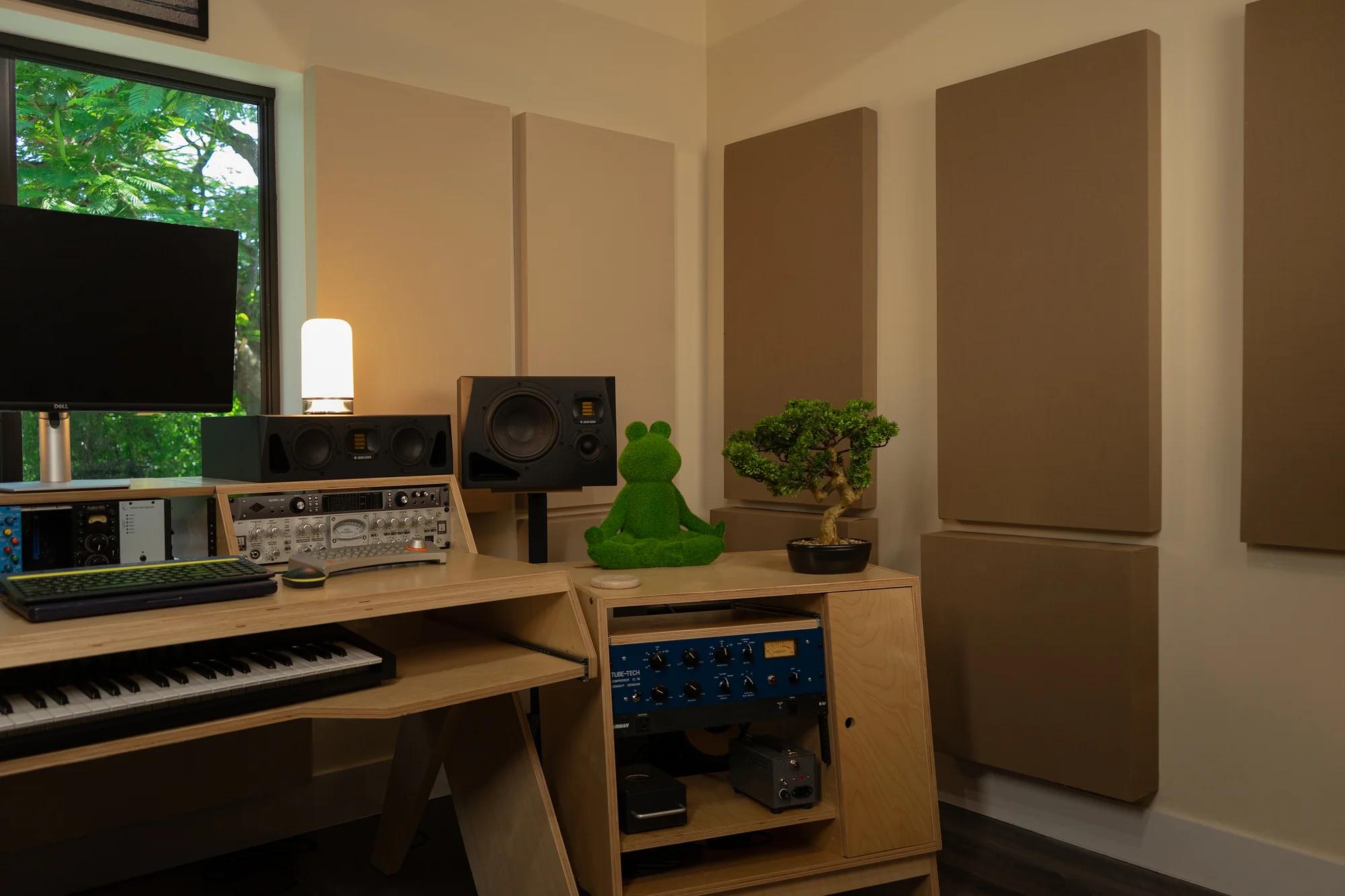 Control room overview with mix desk and window